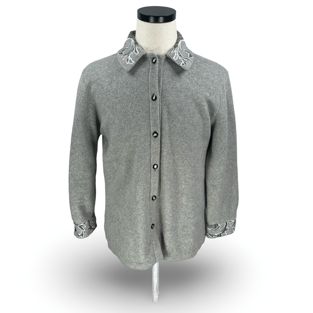 St John Sport Marie Grey Fleece Light Jacket Women’s P Gray Embroidered Button